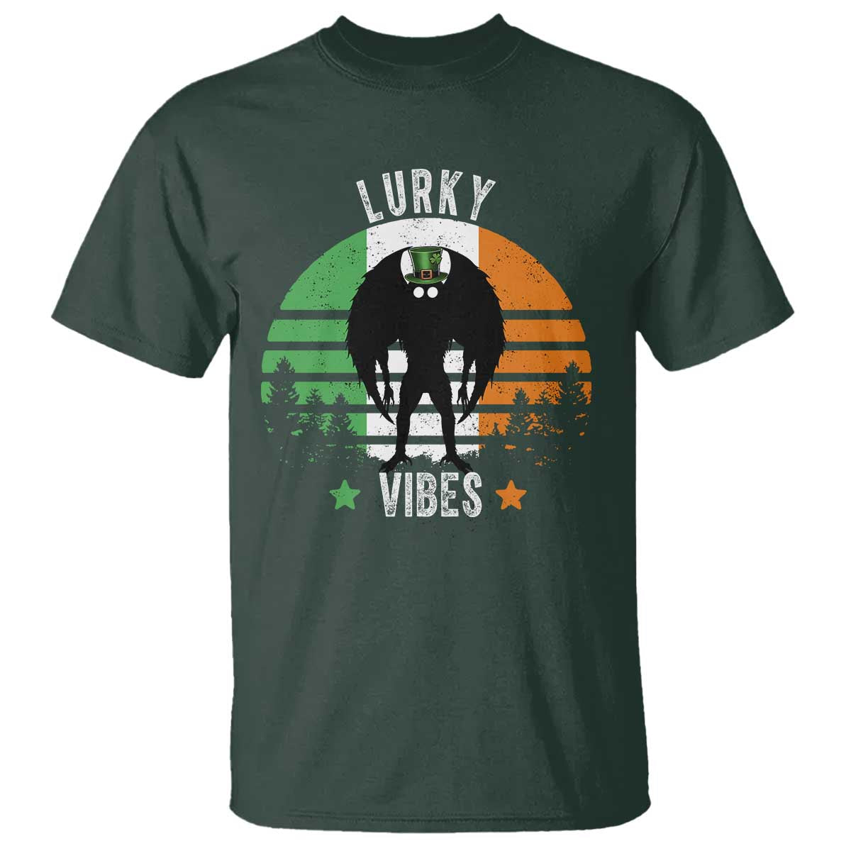Funny St Patrick's Day Mothman T Shirt Lurky Vibes Shamrock Retro Ireland Flag