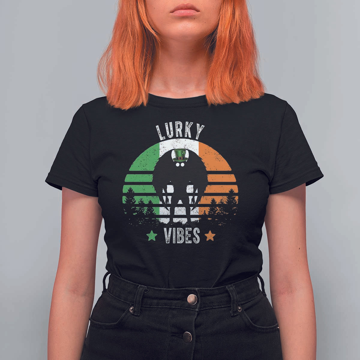 Funny St Patrick's Day Mothman T Shirt For Women Lurky Vibes Shamrock Retro Ireland Flag