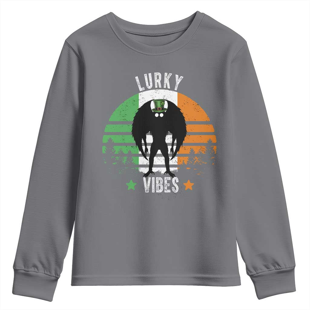 Funny St Patrick's Day Mothman Youth Sweatshirt Lurky Vibes Shamrock Retro Ireland Flag