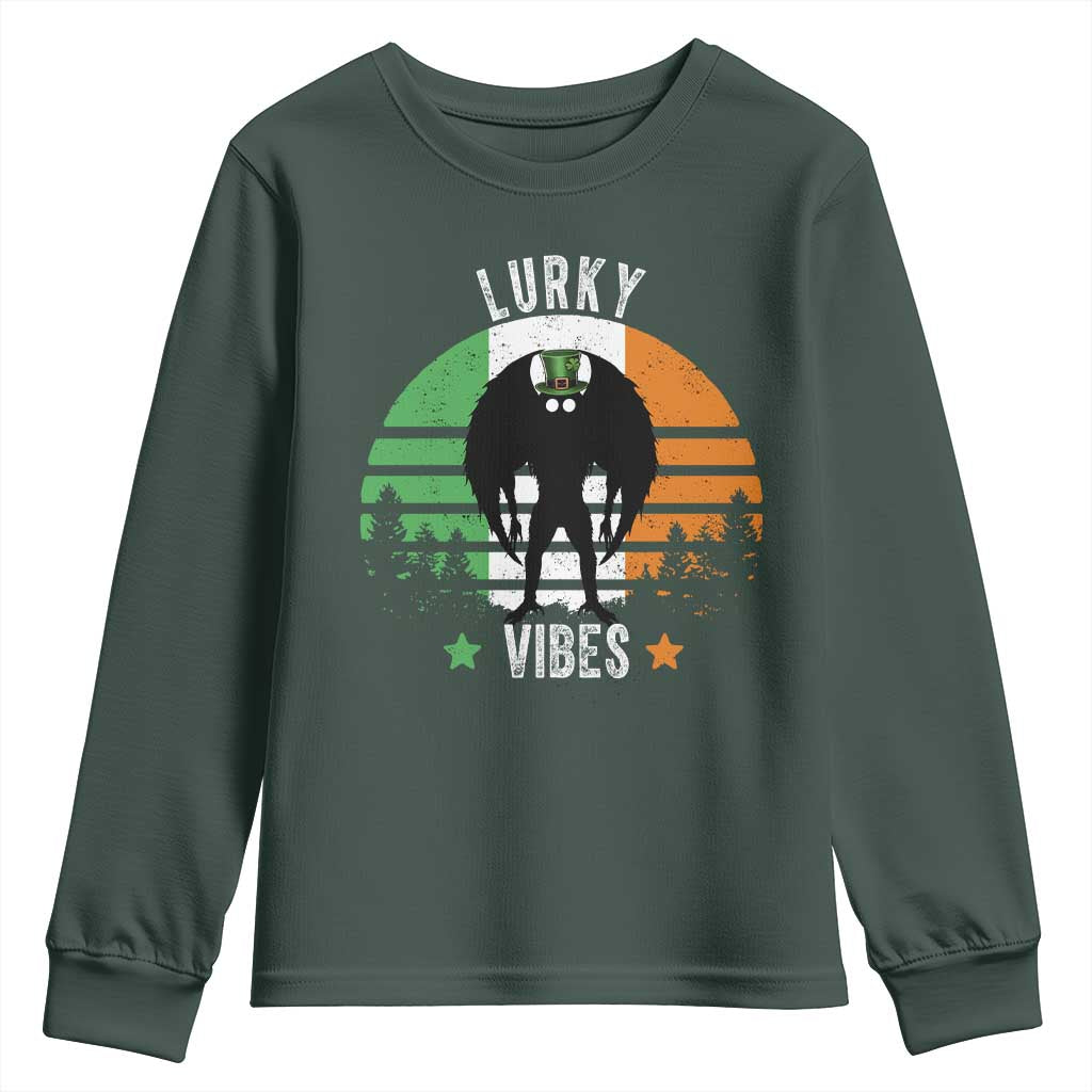 Funny St Patrick's Day Mothman Youth Sweatshirt Lurky Vibes Shamrock Retro Ireland Flag