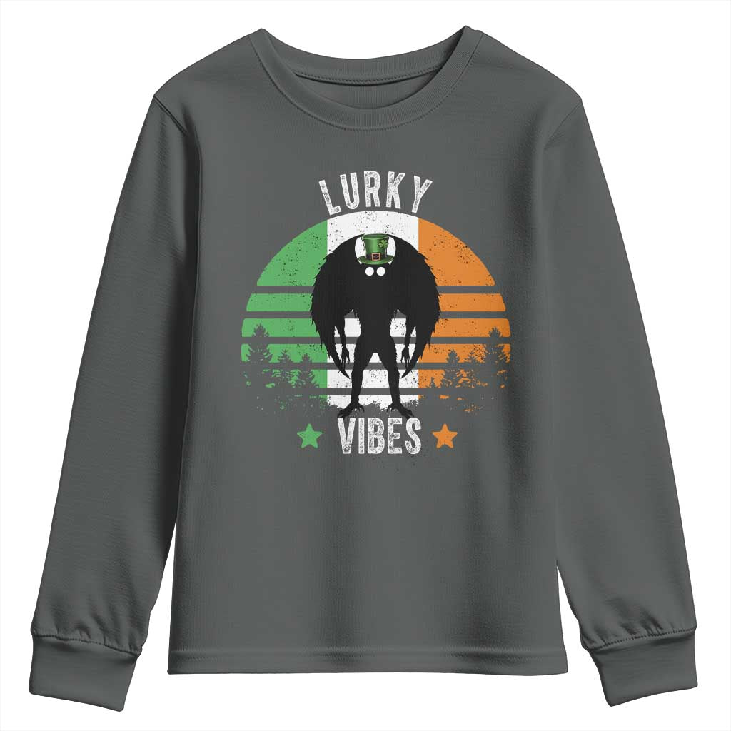 Funny St Patrick's Day Mothman Youth Sweatshirt Lurky Vibes Shamrock Retro Ireland Flag