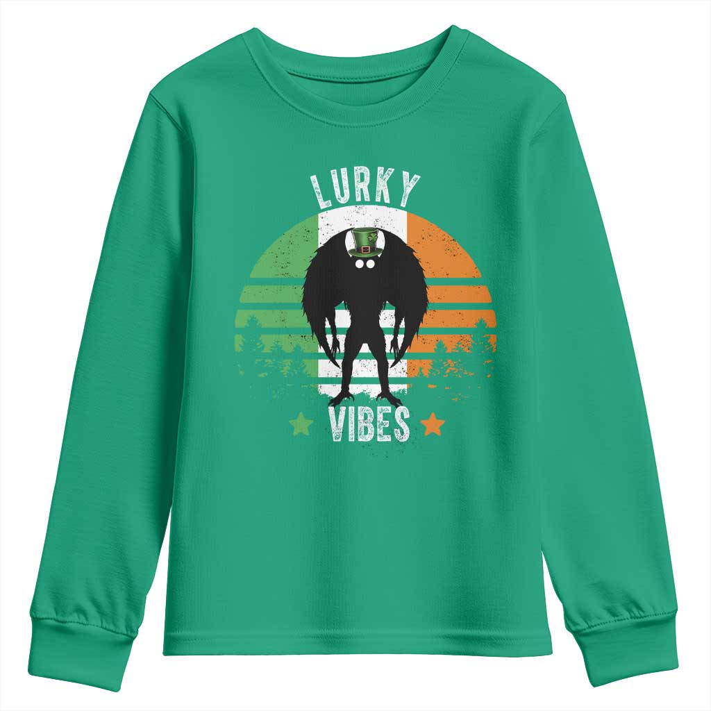 Funny St Patrick's Day Mothman Youth Sweatshirt Lurky Vibes Shamrock Retro Ireland Flag