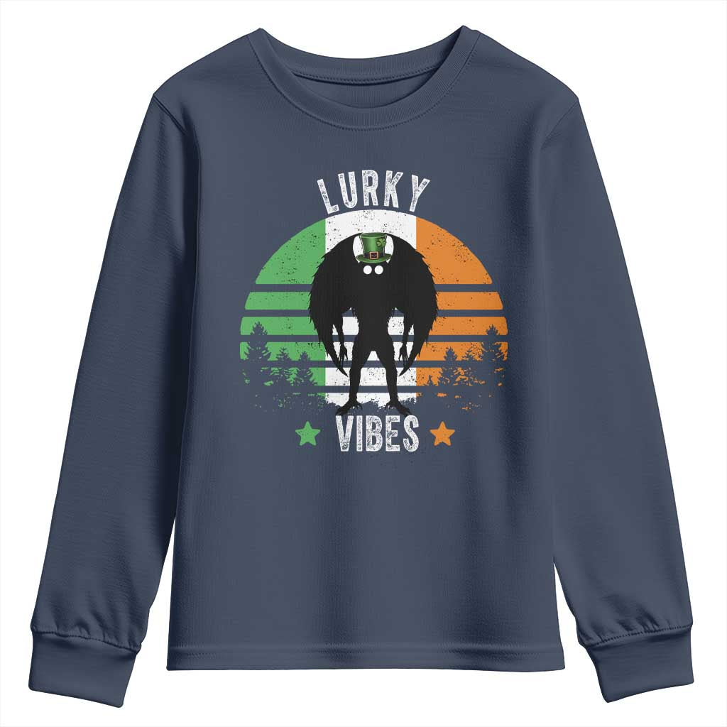 Funny St Patrick's Day Mothman Youth Sweatshirt Lurky Vibes Shamrock Retro Ireland Flag