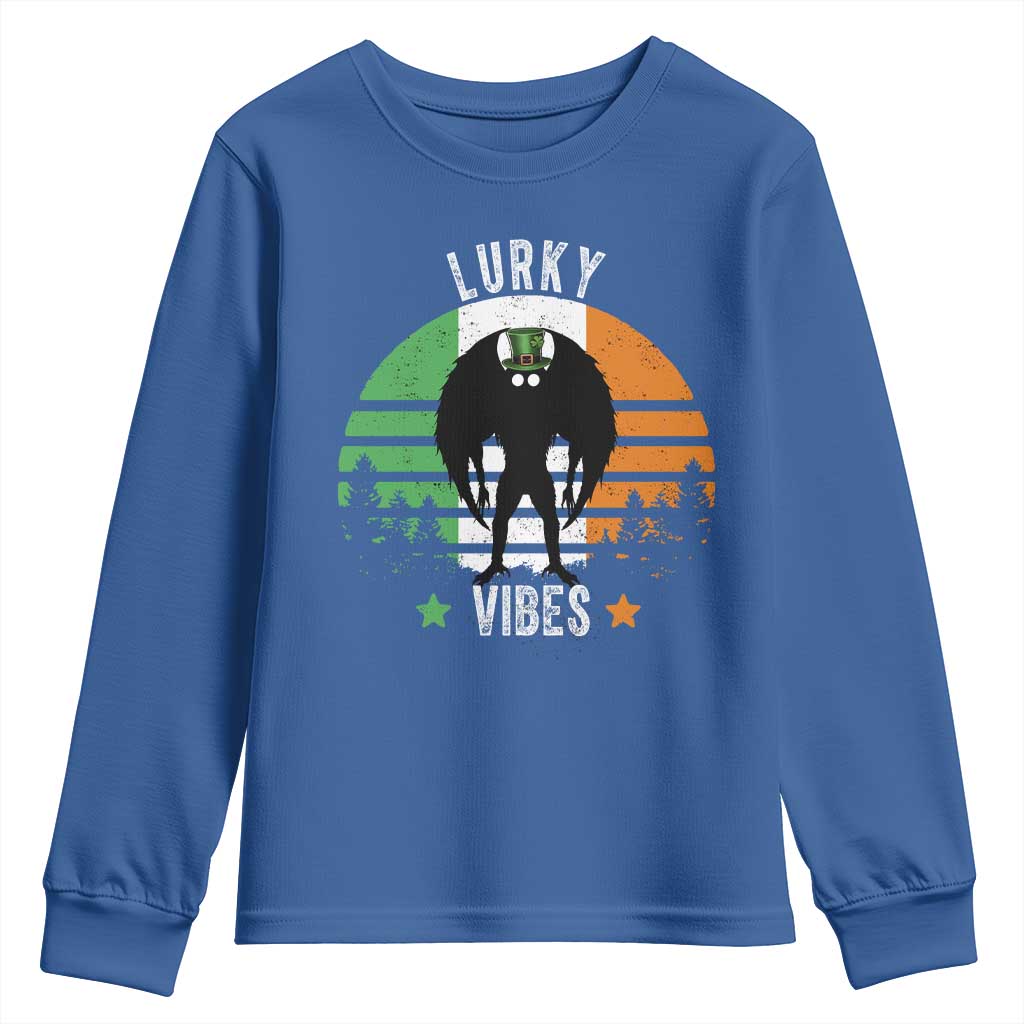 Funny St Patrick's Day Mothman Youth Sweatshirt Lurky Vibes Shamrock Retro Ireland Flag