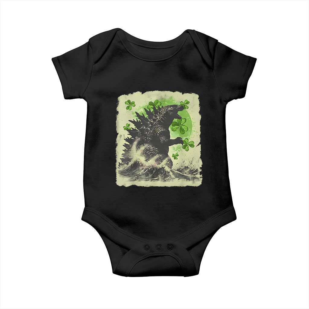 Funny St Patrick's Day Japanese Giant Monster Baby Onesie Vintage Shamrock Tsunami