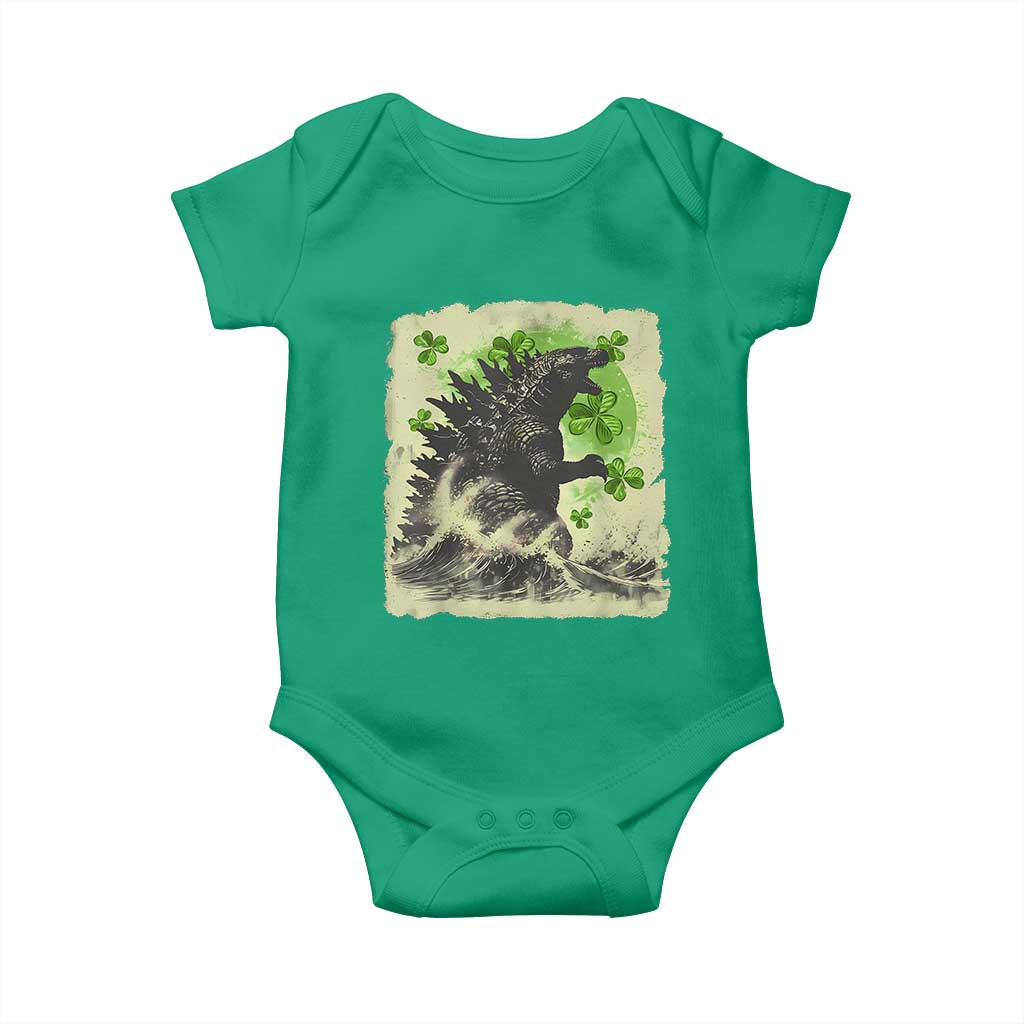 Funny St Patrick's Day Japanese Giant Monster Baby Onesie Vintage Shamrock Tsunami