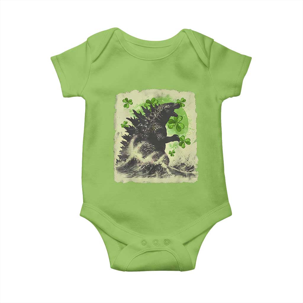 Funny St Patrick's Day Japanese Giant Monster Baby Onesie Vintage Shamrock Tsunami