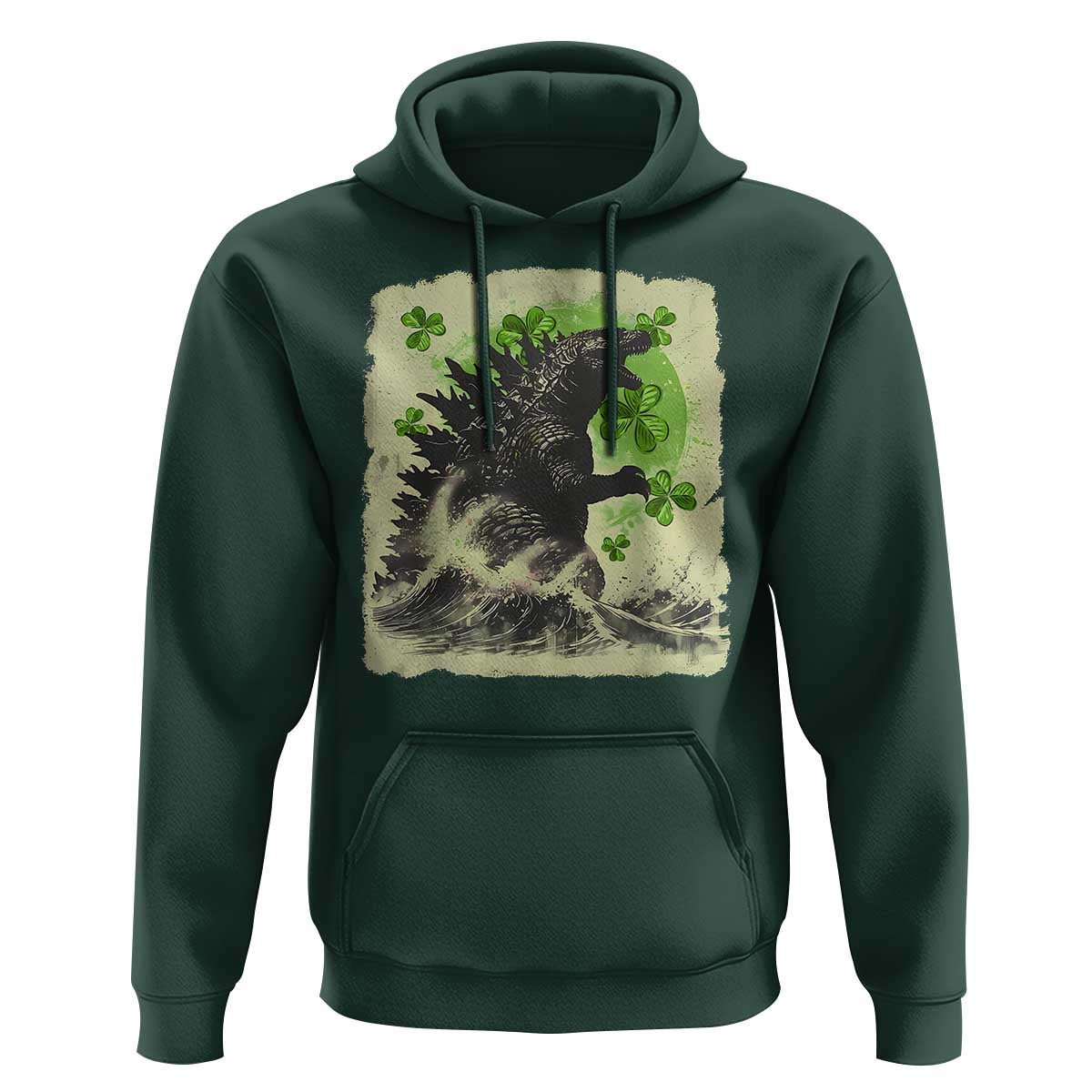 Funny St Patrick's Day Japanese Giant Monster Hoodie Vintage Shamrock Tsunami
