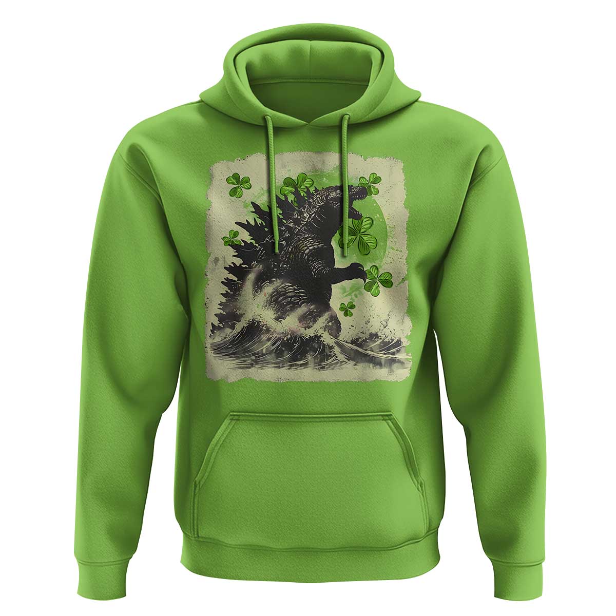 Funny St Patrick's Day Japanese Giant Monster Hoodie Vintage Shamrock Tsunami