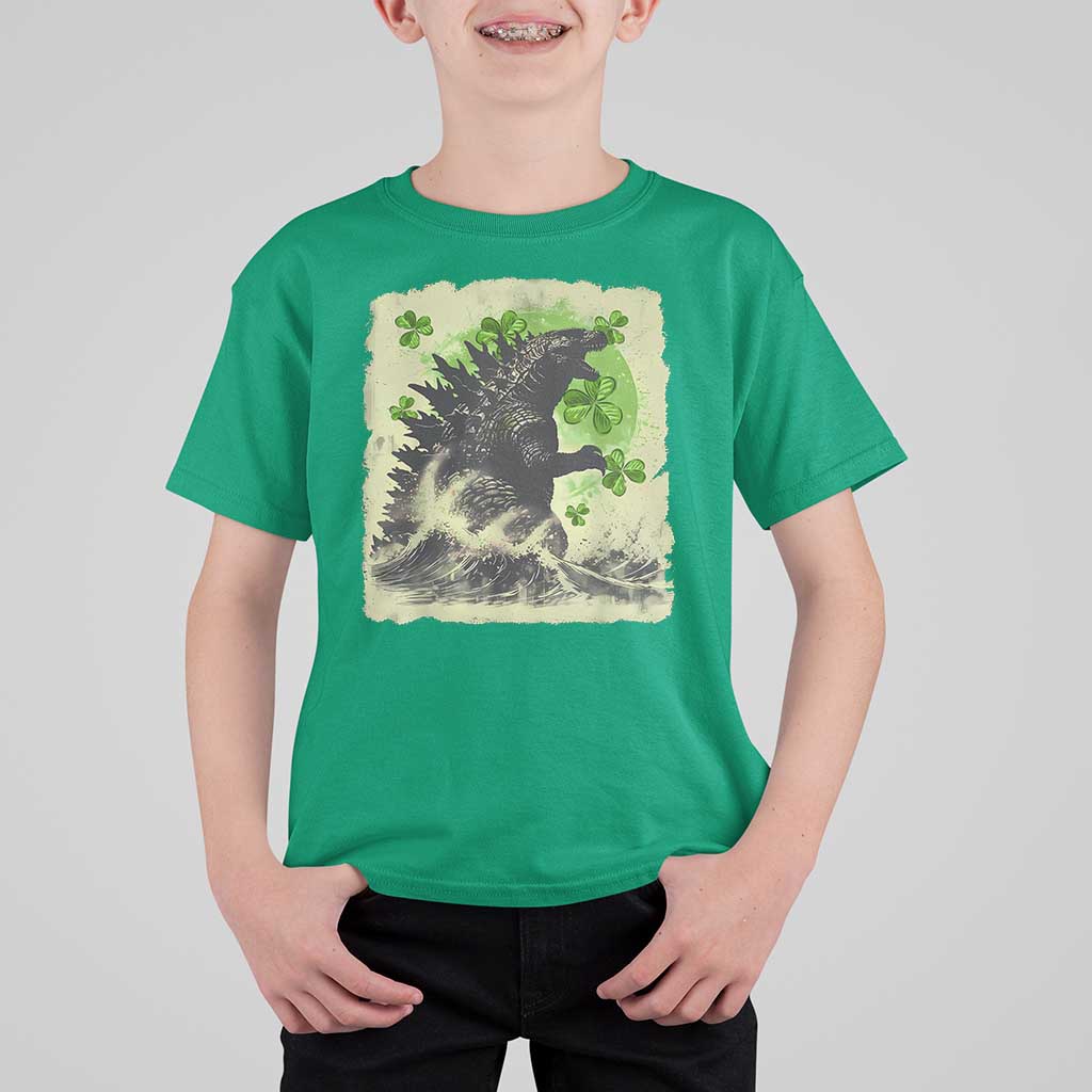 Funny St Patrick's Day Japanese Giant Monster T Shirt For Kid Vintage Shamrock Tsunami