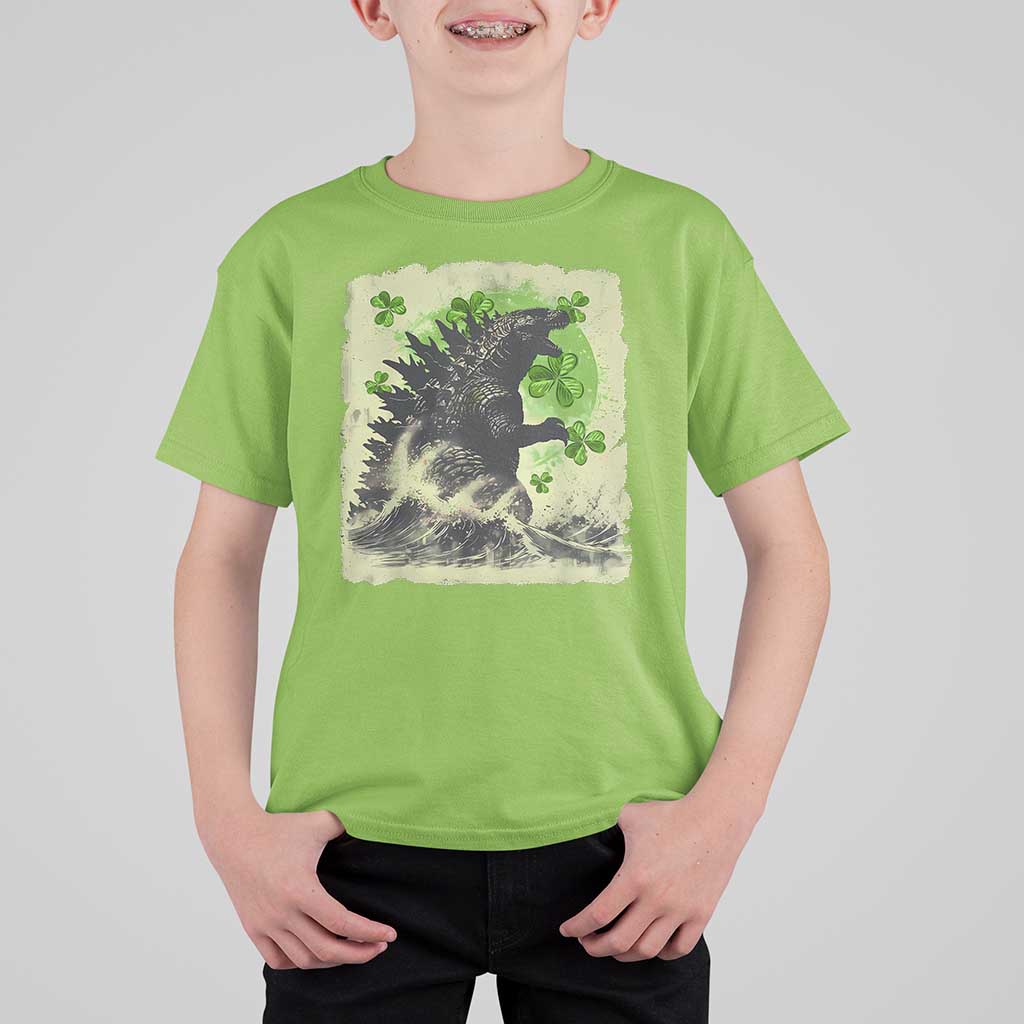 Funny St Patrick's Day Japanese Giant Monster T Shirt For Kid Vintage Shamrock Tsunami