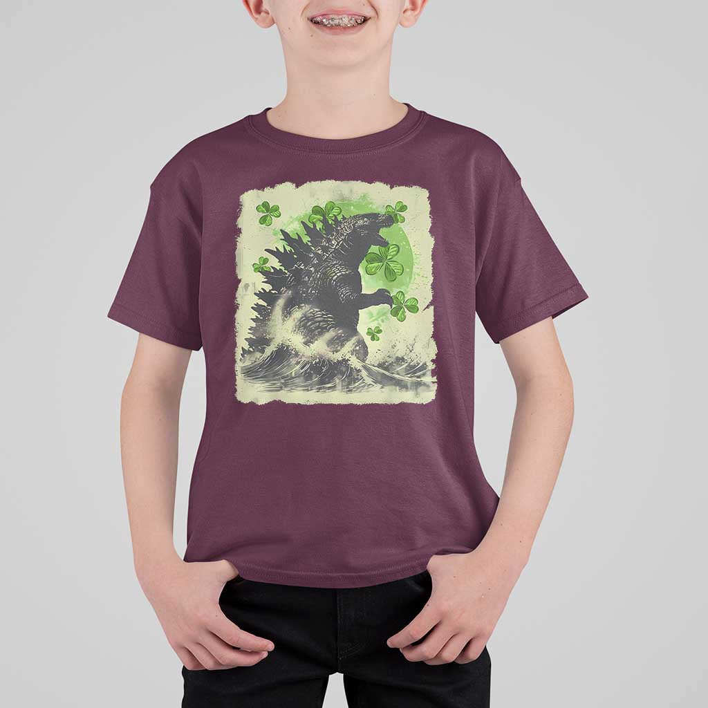 Funny St Patrick's Day Japanese Giant Monster T Shirt For Kid Vintage Shamrock Tsunami