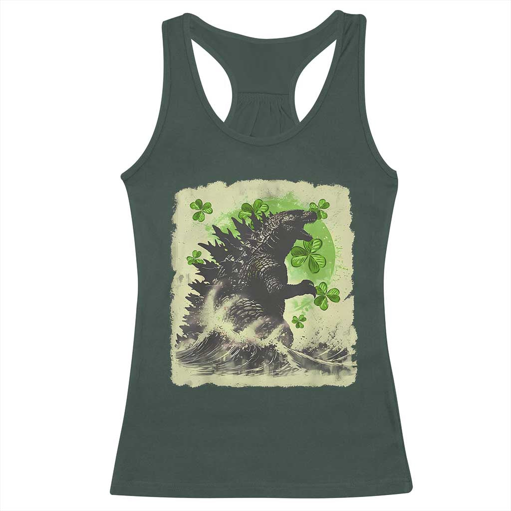 Funny St Patrick's Day Japanese Giant Monster Racerback Tank Top Vintage Shamrock Tsunami