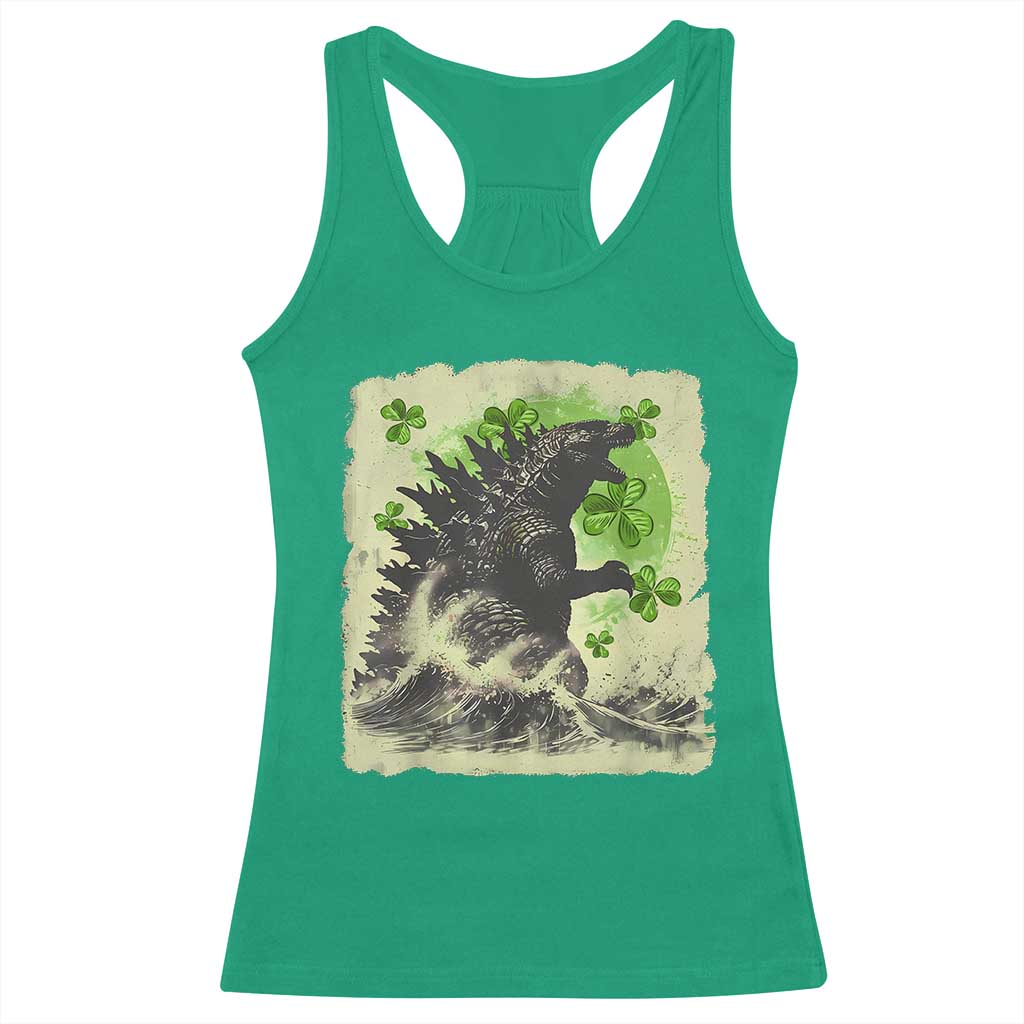 Funny St Patrick's Day Japanese Giant Monster Racerback Tank Top Vintage Shamrock Tsunami
