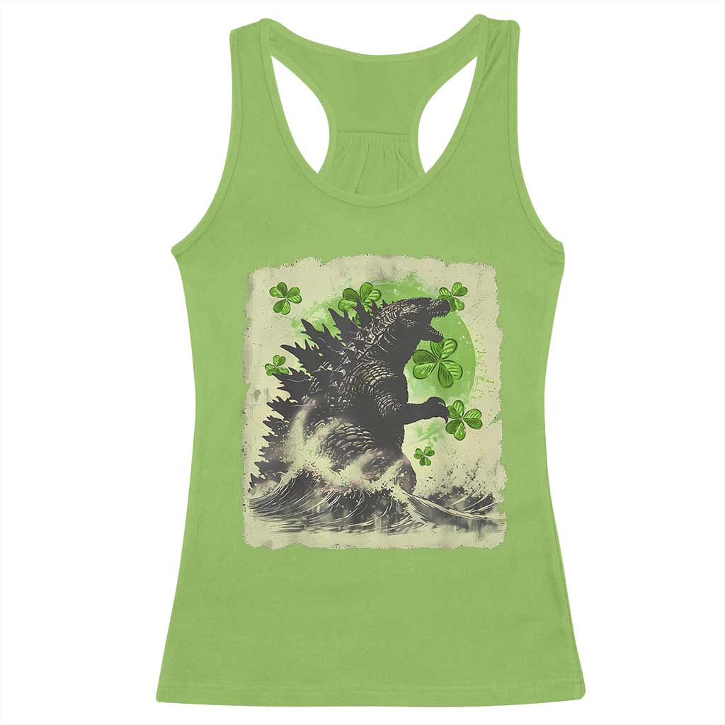 Funny St Patrick's Day Japanese Giant Monster Racerback Tank Top Vintage Shamrock Tsunami