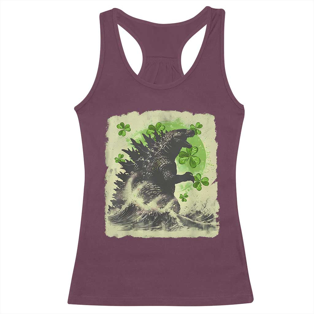 Funny St Patrick's Day Japanese Giant Monster Racerback Tank Top Vintage Shamrock Tsunami