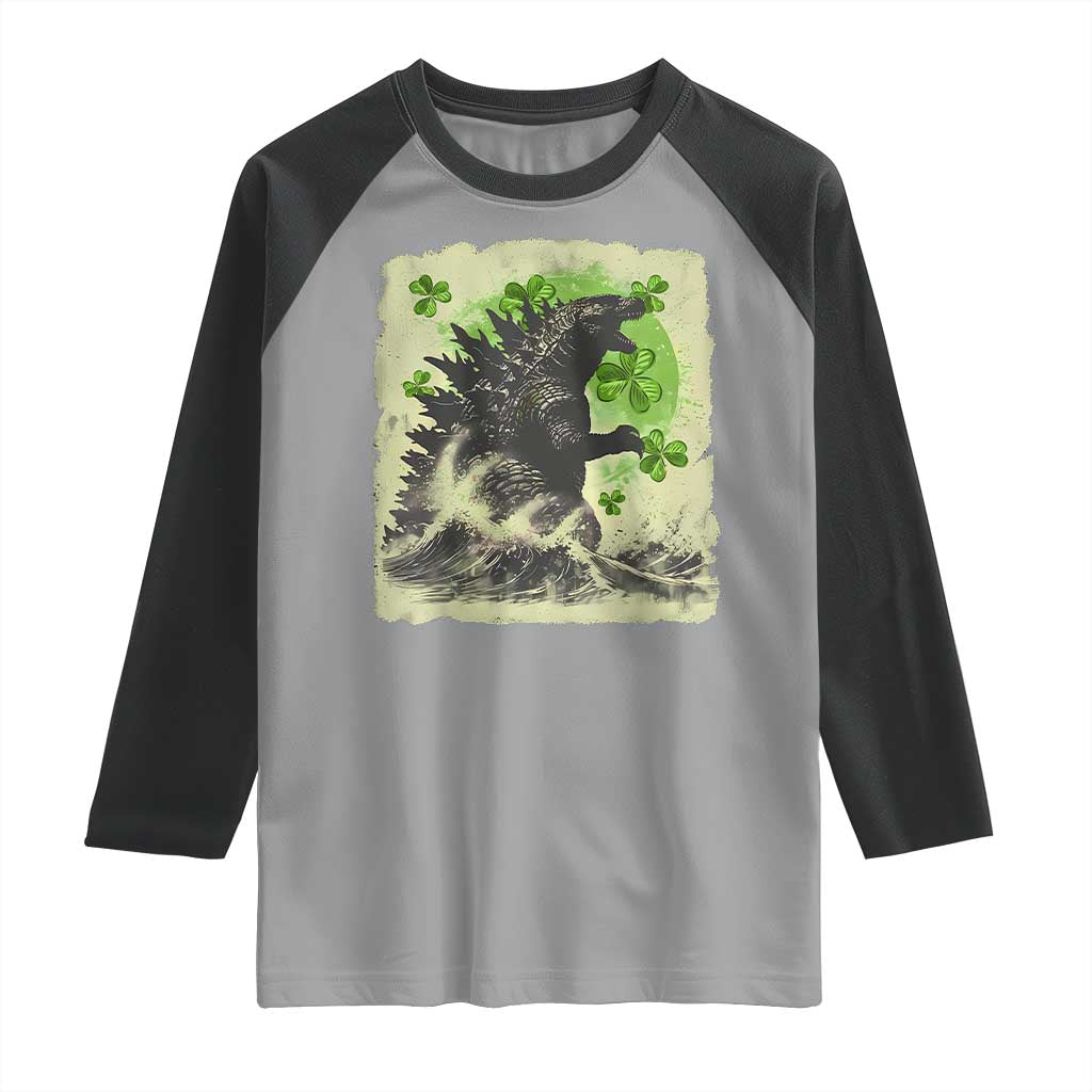 Funny St Patrick's Day Japanese Giant Monster Raglan Shirt Vintage Shamrock Tsunami