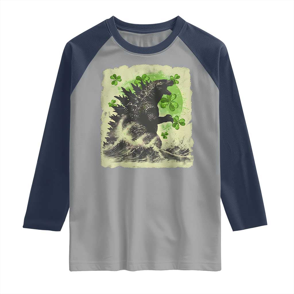 Funny St Patrick's Day Japanese Giant Monster Raglan Shirt Vintage Shamrock Tsunami