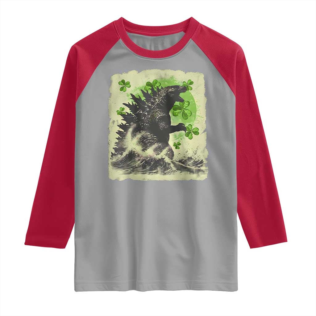 Funny St Patrick's Day Japanese Giant Monster Raglan Shirt Vintage Shamrock Tsunami