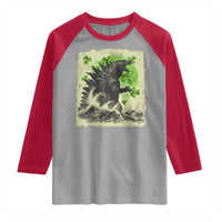 Funny St Patrick's Day Japanese Giant Monster Raglan Shirt Vintage Shamrock Tsunami