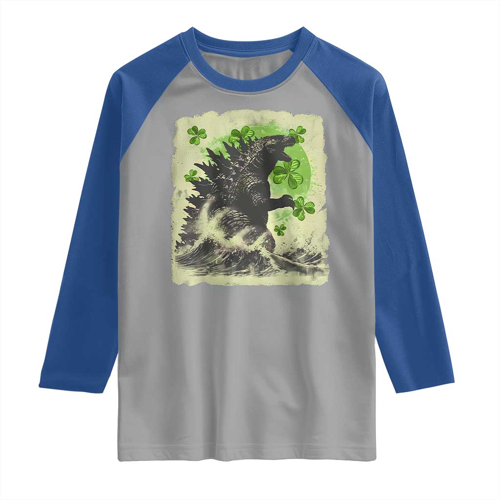Funny St Patrick's Day Japanese Giant Monster Raglan Shirt Vintage Shamrock Tsunami