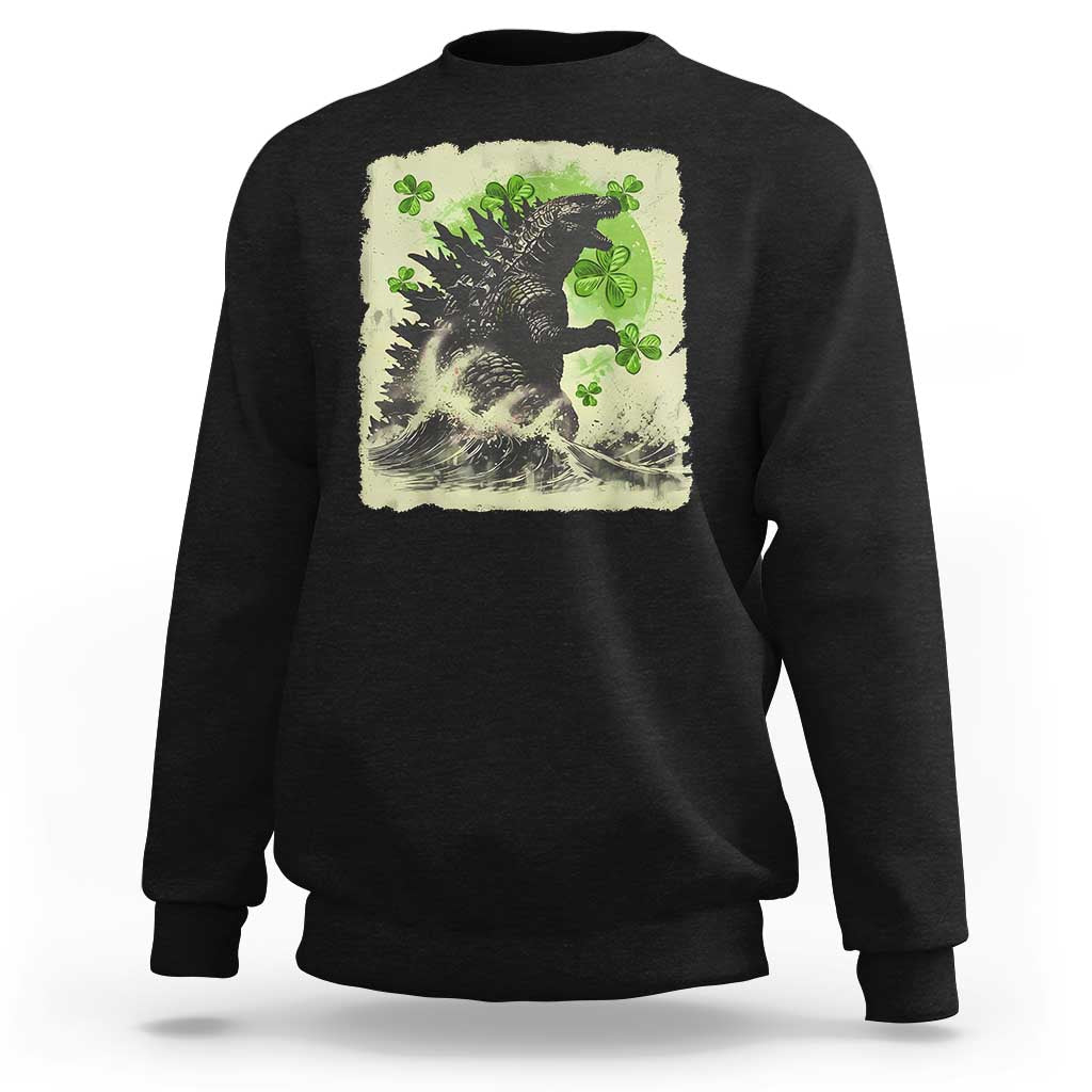 Funny St Patrick's Day Japanese Giant Monster Sweatshirt Vintage Shamrock Tsunami