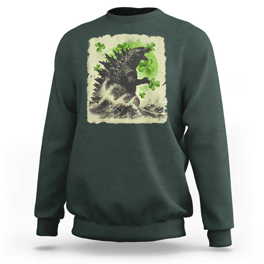 Funny St Patrick's Day Japanese Giant Monster Sweatshirt Vintage Shamrock Tsunami