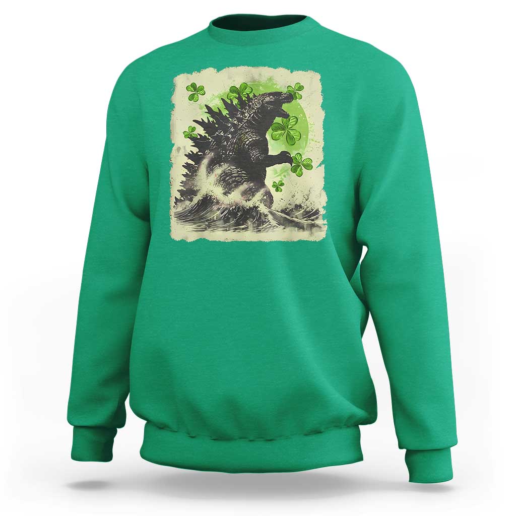 Funny St Patrick's Day Japanese Giant Monster Sweatshirt Vintage Shamrock Tsunami
