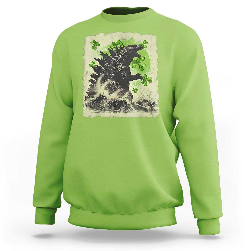 Funny St Patrick's Day Japanese Giant Monster Sweatshirt Vintage Shamrock Tsunami