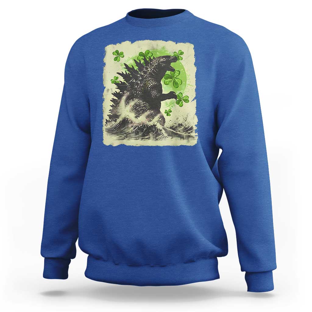 Funny St Patrick's Day Japanese Giant Monster Sweatshirt Vintage Shamrock Tsunami