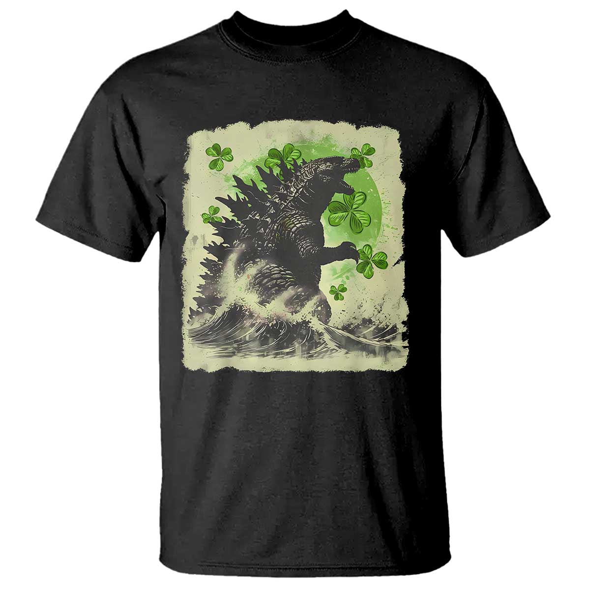 Funny St Patrick's Day Japanese Giant Monster T Shirt Vintage Shamrock Tsunami