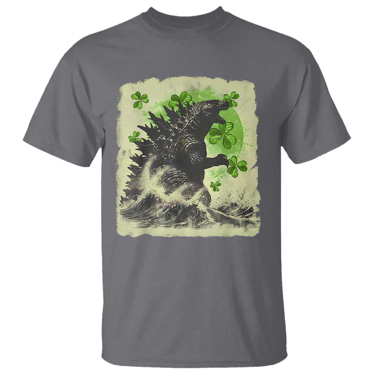 Funny St Patrick's Day Japanese Giant Monster T Shirt Vintage Shamrock Tsunami