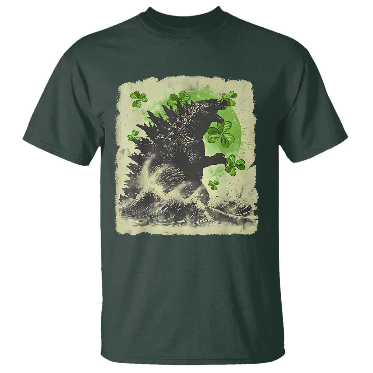 Funny St Patrick's Day Japanese Giant Monster T Shirt Vintage Shamrock Tsunami