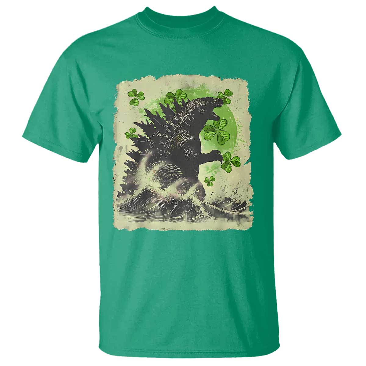 Funny St Patrick's Day Japanese Giant Monster T Shirt Vintage Shamrock Tsunami