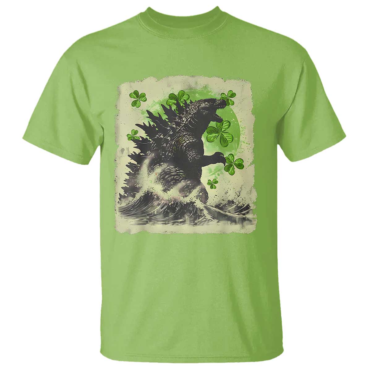 Funny St Patrick's Day Japanese Giant Monster T Shirt Vintage Shamrock Tsunami