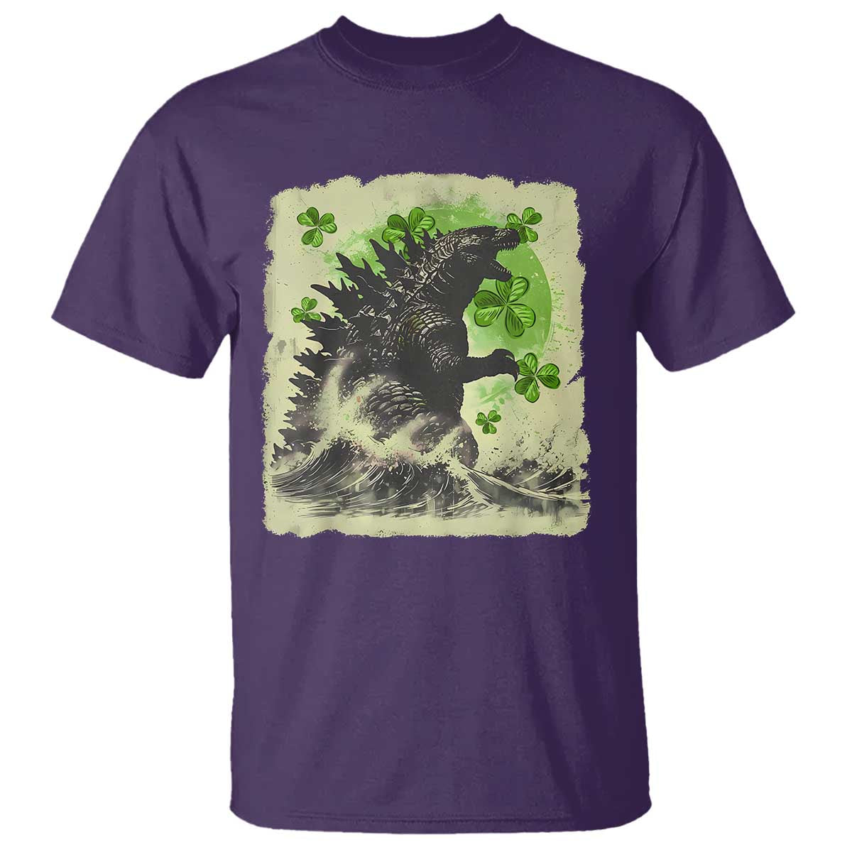 Funny St Patrick's Day Japanese Giant Monster T Shirt Vintage Shamrock Tsunami