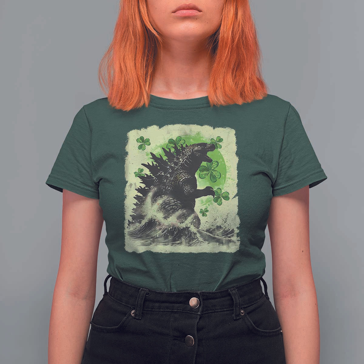 Funny St Patrick's Day Japanese Giant Monster T Shirt For Women Vintage Shamrock Tsunami