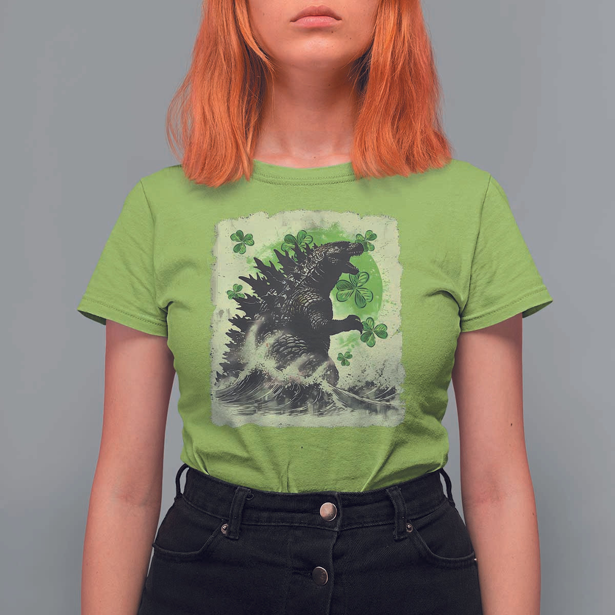 Funny St Patrick's Day Japanese Giant Monster T Shirt For Women Vintage Shamrock Tsunami
