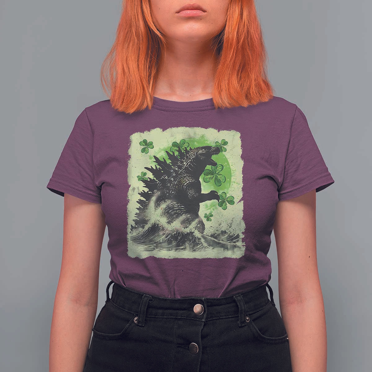 Funny St Patrick's Day Japanese Giant Monster T Shirt For Women Vintage Shamrock Tsunami