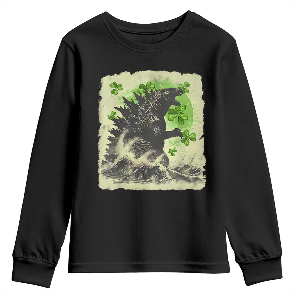 Funny St Patrick's Day Japanese Giant Monster Youth Sweatshirt Vintage Shamrock Tsunami