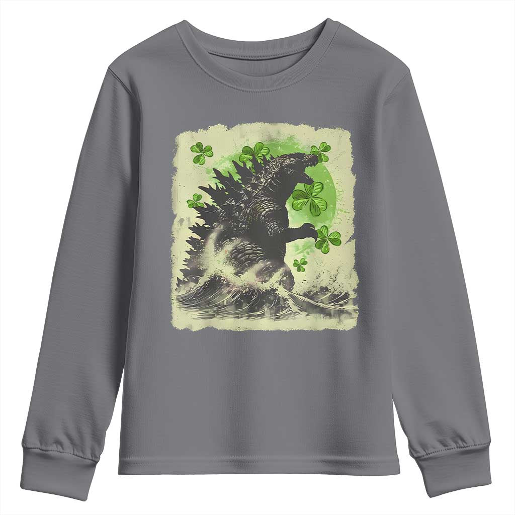 Funny St Patrick's Day Japanese Giant Monster Youth Sweatshirt Vintage Shamrock Tsunami