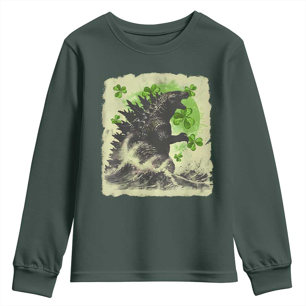 Funny St Patrick's Day Japanese Giant Monster Youth Sweatshirt Vintage Shamrock Tsunami