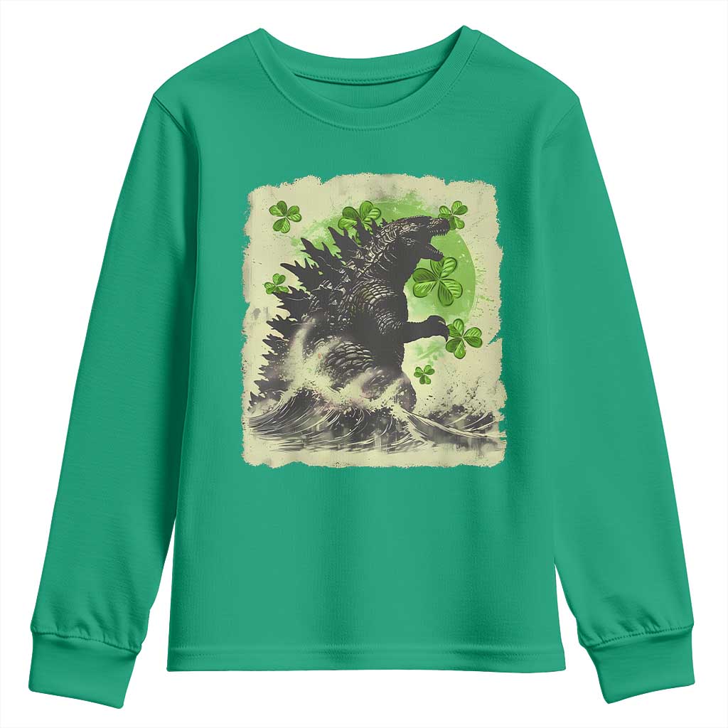 Funny St Patrick's Day Japanese Giant Monster Youth Sweatshirt Vintage Shamrock Tsunami