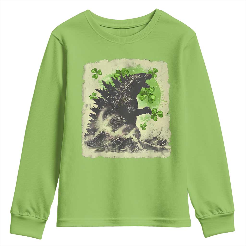 Funny St Patrick's Day Japanese Giant Monster Youth Sweatshirt Vintage Shamrock Tsunami