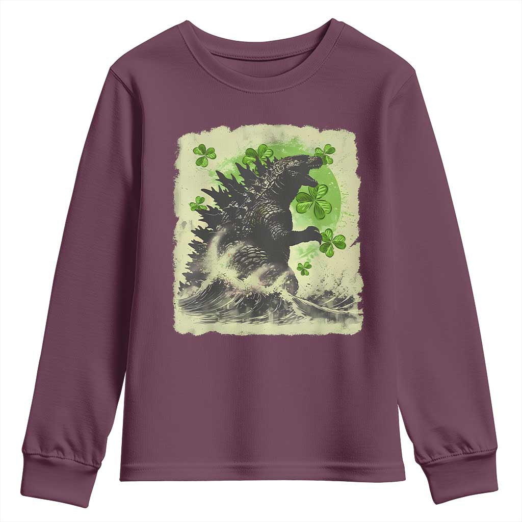 Funny St Patrick's Day Japanese Giant Monster Youth Sweatshirt Vintage Shamrock Tsunami