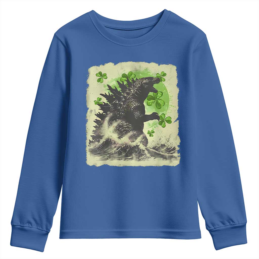 Funny St Patrick's Day Japanese Giant Monster Youth Sweatshirt Vintage Shamrock Tsunami