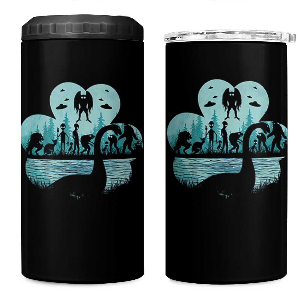 Funny Cryptid St Patrick's Day 4 in 1 Can Cooler Tumbler Bigfoot Mothman Aliens Shamrock