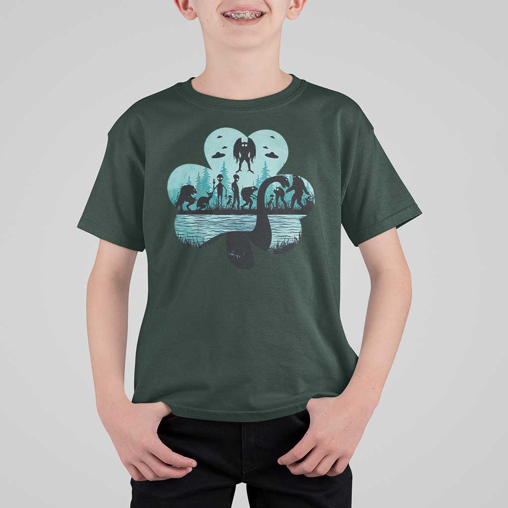 Funny Cryptid St Patrick's Day T Shirt For Kid Bigfoot Mothman Aliens Shamrock