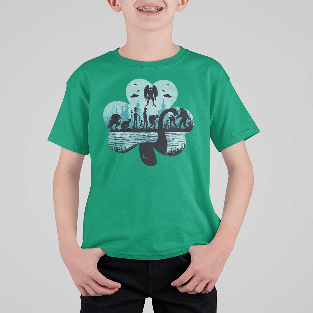 Funny Cryptid St Patrick's Day T Shirt For Kid Bigfoot Mothman Aliens Shamrock
