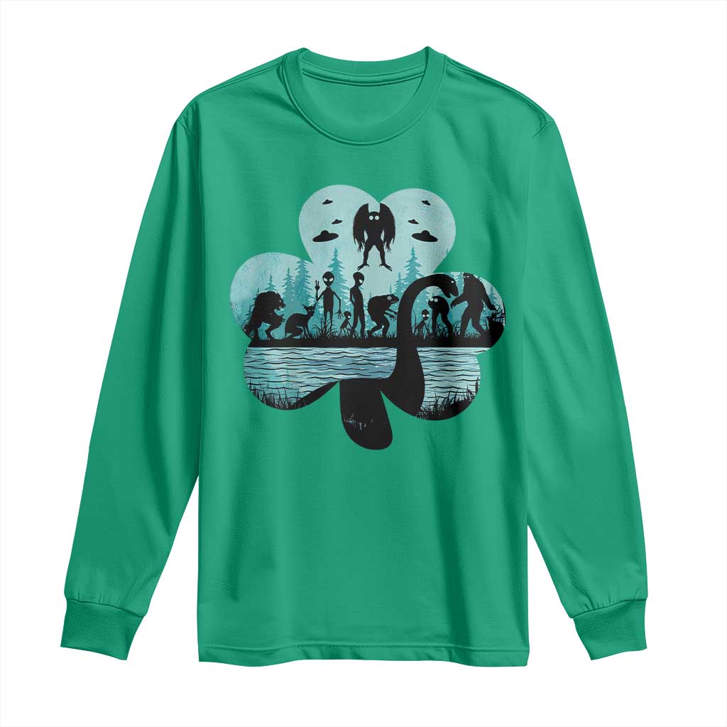 Funny Cryptid St Patrick's Day Long Sleeve Shirt Bigfoot Mothman Aliens Shamrock